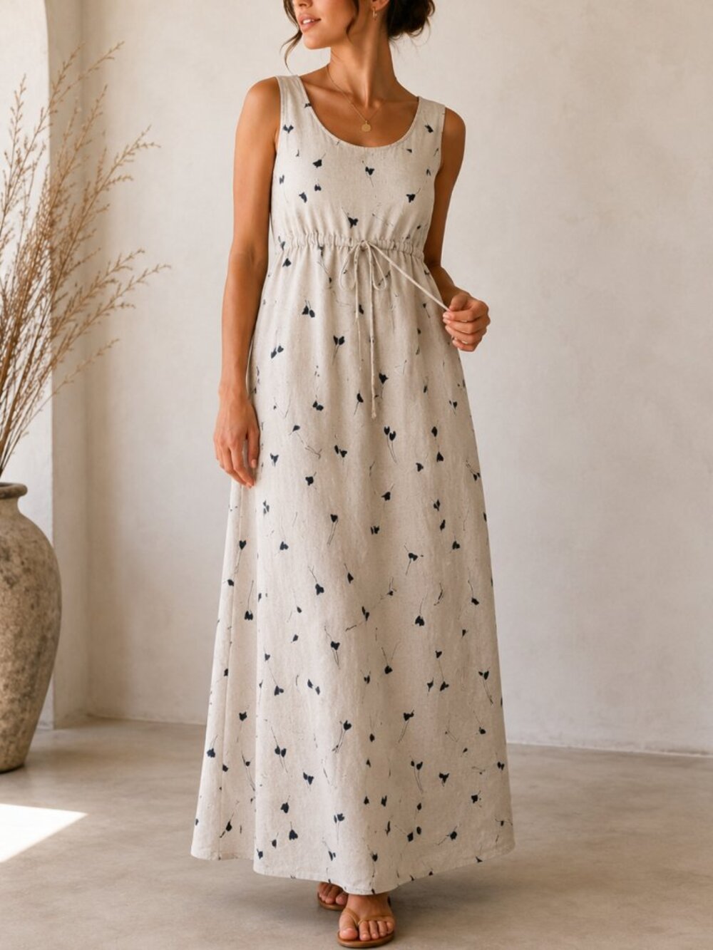 John Paul Richard Oatmeal Linen Floral Drawstring Maxi Dress L Vintage 90s NWOT